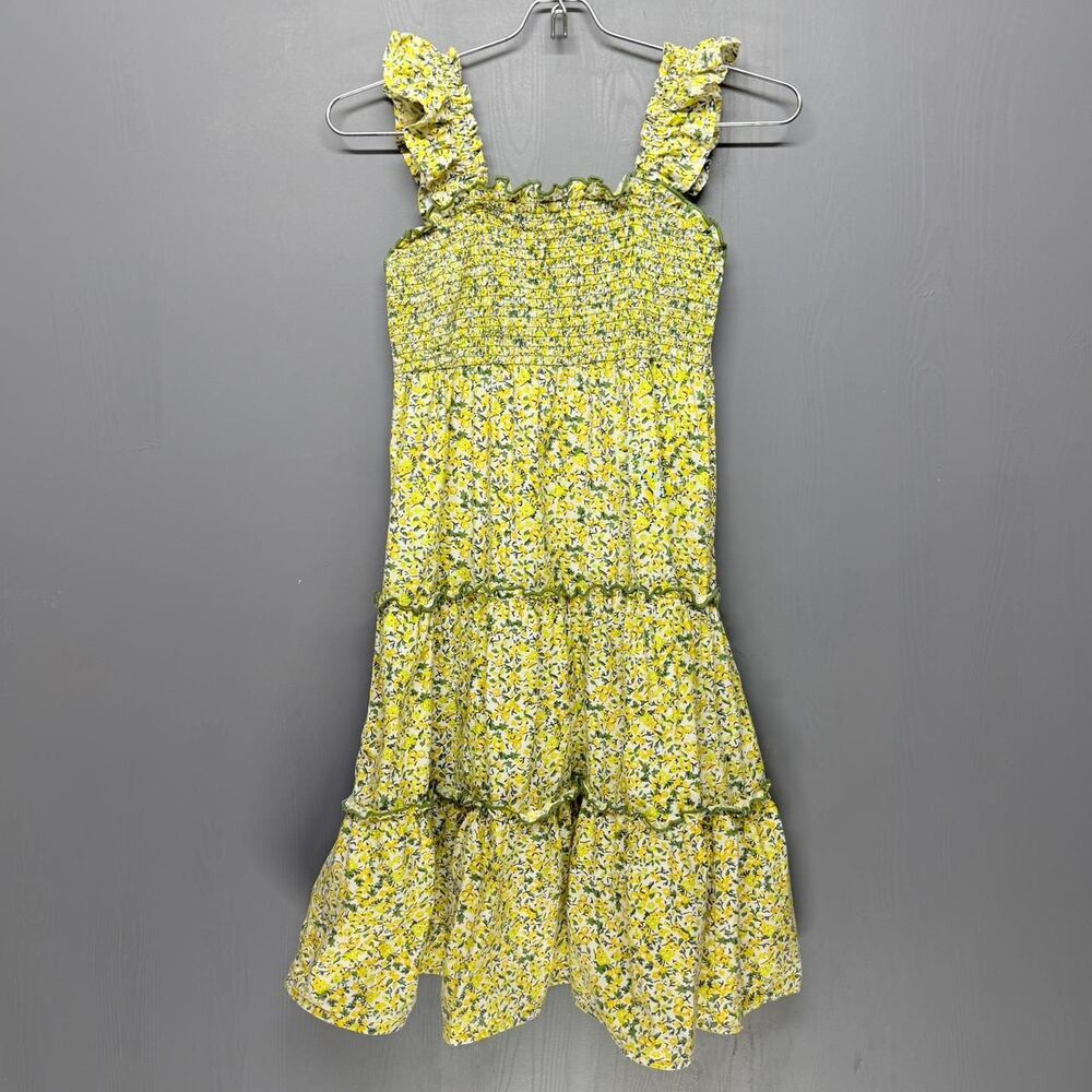 Victory Heart Girls 8 Yellow Floral Smocked Tiered Dress | 100% Cotton